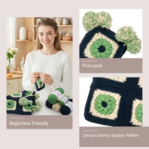 Noocro Complete Crochet Kit for Pom-Pom Granny Square Scarf Hood, DIY Yarn Kit, Detailed Instructions, Step by Step Video Tutorial, Beginner-Friendly, Intermediate Crocheter Craft Set (Navy Moss) - Image 4