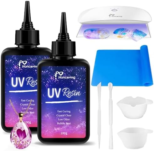 Honcaring UV Resin Kit 200g with UV Light, Hard Type UV Resin Kit, Upgraded Formula & Crystal Clear UV Resin for Jewlery Making, 100g*2 Resin UV Kit with Light for Earring, Pendant, DIY by Honcaring