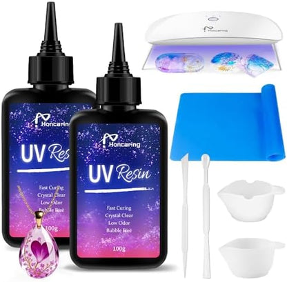 Honcaring UV Resin Kit 200g with UV Light, Hard Type UV Resin Kit, Upgraded Formula & Crystal Clear UV Resin for Jewlery Making, 100g*2 Resin UV Kit with Light for Earring, Pendant, DIY by Honcaring