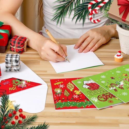 Saillong 12 Pack Christmas Diamond Painting Greeting Card Kits DIY Lime Green Christmas Diamond Art Cards with Envelopes Xmas 5D Rhinestones Painting for Adults DIY Craft Family Friend Xmas Gifts - Image 6