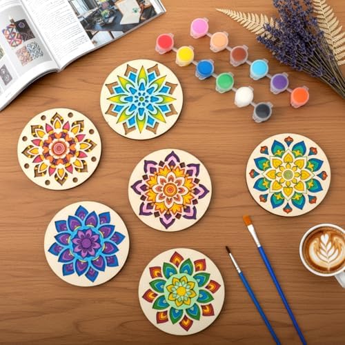 DoubleFill 12 Pcs Wooden Coasters Painting Kit DIY Craft Set, Mandala - Image 3