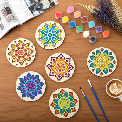 DoubleFill 12 Pcs Wooden Coasters Painting Kit DIY Craft Set, Mandala - Image 3
