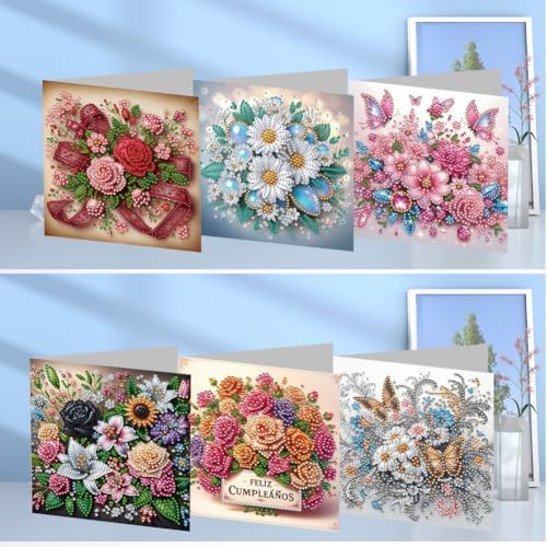 jinglinhh 6pcs Flowers Butterfly Rose Daisy Diamond Art Painting Greeting Cards with Envelopes, DIY Card Making Kits for Adults, Diamond Art Postcards Christmas Cards Craft Gifts - Image 4