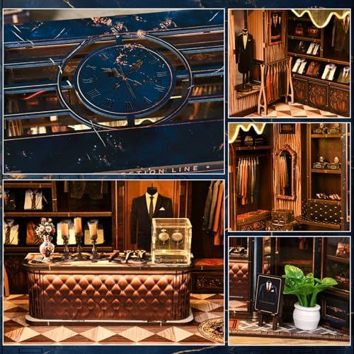 Book Nook Kit for Adults, Teens and Beginners, DIY Miniature Gentleman’s Clothing Store Bookend with LED Light, Wooden 3D Puzzle Bookshelf Decor, Creative Gift – Golden Section Line - Image 4