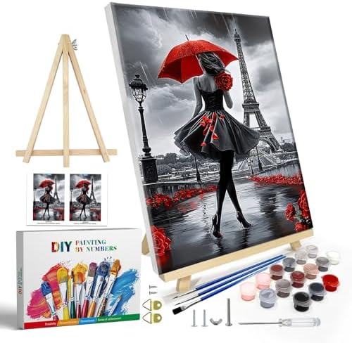 JOOZ Paint by Numbers Kit for Adults with Frame, Eiffel Tower Paint by Number with Easel, DIY Rose Woman Oil Painting by Numbers with Red Umbrella, Adult Paint by Number Kits for Wall Decor 8x12 Inch by Jooz