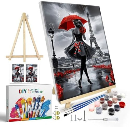 JOOZ Paint by Numbers Kit for Adults with Frame, Eiffel Tower Paint by Number with Easel, DIY Rose Woman Oil Painting by Numbers with Red Umbrella, Adult Paint by Number Kits for Wall Decor 8x12 Inch by Jooz