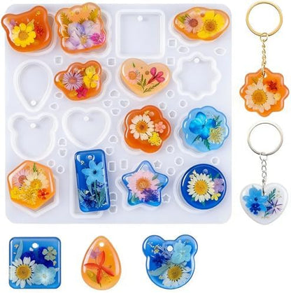 16 Cavity Resin Keychain Silicone Mold with Hole Jewelry Pendant Ear Stud Epoxy Casting Molds, DIY Craft Molds for Necklace Pendant, Earring, Cabochon Gem Making by Szcelling