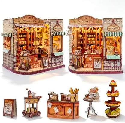 Book Nook DIY Miniature House Kit, 3D Wooden Puzzle Coffee House Dollhouse with Light & Tools, Creative Bookshelf Insert Craft Gifts for Adults Teens (Pavilion Coffee House) by ANTREATU