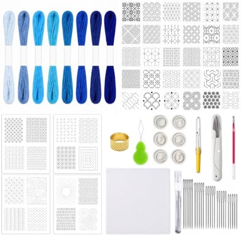 94 Pcs Sashiko Embroidery Kit for Beginners,Visible Mending,Hand Quilting,DIY Stitching and Sewing Projects,with Blue Sashiko Thread and Needles,Thimble,Stencils,Water-Soluble Pattern Sheets by Unknown