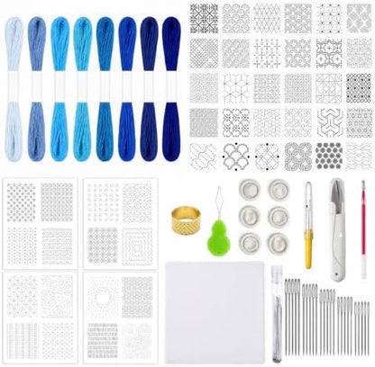 94 Pcs Sashiko Embroidery Kit for Beginners,Visible Mending,Hand Quilting,DIY Stitching and Sewing Projects,with Blue Sashiko Thread and Needles,Thimble,Stencils,Water-Soluble Pattern Sheets by Unknown