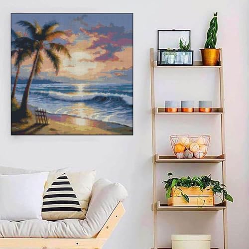 Beach Sunset Stamped Cross Stitch Kits - Tree Counted Cross Stitch Kits for Beginners Adults Needlepoint Cross-Stitch Patterns Dimensions Needlecrafts Embroidery Kits Arts and Crafts 13.7x13.7 Inches - Image 3