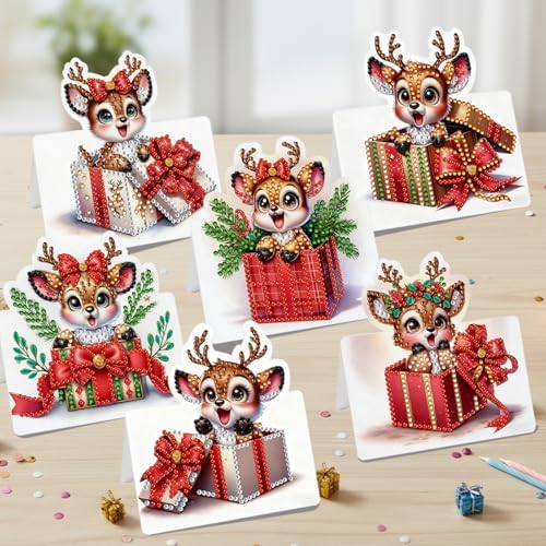 jinglinhh 6pcs Diamond Art Painting Christmas Reindeer Greeting Cards with Envelopes, DIY Card Making Kits for Adults, Diamond Art Postcards Christmas Cards Craft Gifts - Image 7