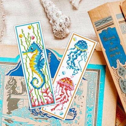 ORIGACH 6 Set Marine Animals Cross Stitch Bookmark Kit for Beginner with Backing Felt Floss Instructions DIY Stamped Embroidery Bookmark Kit for Adults, Book Lovers - Image 5