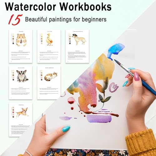 Watercolor Workbooks for Adults Beginners & Teens, 16 Colors 15 Beautiful Paintings, Pre-Outlined Designs, Easy Watercolor Art Book（Without Palette Pet） - Image 2