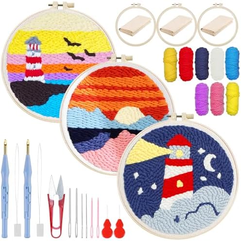 Woohome Punch Needle Kit Included Plastic Hoops, Punch Needle Cloth, Color Yarn and Punch Needle Tools for Adults, Beginners (Lighthouse and Sunset) by Woohome
