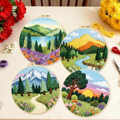 BEUNITONE 4 Set Forest Pattern Embroidery Kit for Adult Beginners Scenery Pre-Printed Designs Cross Stitch Kits, Needlepoint Kits for Adults, Handmade Embroidery for Home Decor 20x20cm - Image 6