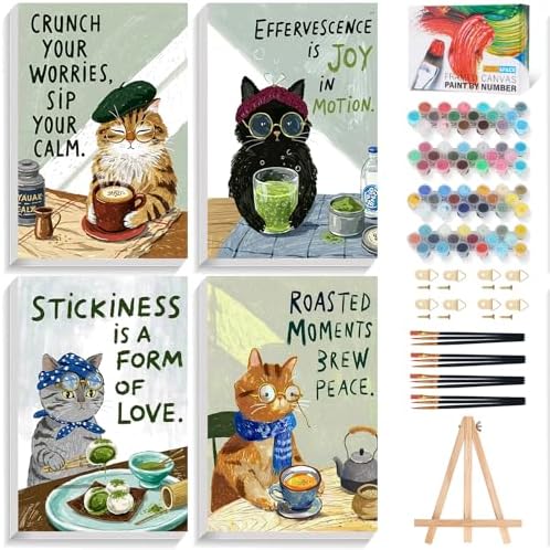 4 Pack Framed Paint by Numbers Kit for Adults Beginner with Wooden Easel, Funny Cat Easy Paint by Numbers with Frame, DIY Cute Animal Number Painting for Adults Canvas for Home Decor Gift 8x12 Inch by Unknown