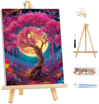 EOBROMD Framed Paint by Numbers Kits for Adults with Wooden Easel, Moon Tree of Life DIY Acrylic Paint by Number on Stretched Canvas, Painting Kits Adults Oil by Numbers for Home Decor 10x14 Inch by EOBROMD