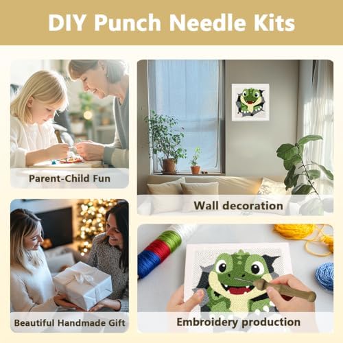 DOODLREAM Cute Dinosaur Needle Kit for Beginner, 9.4"x 9.4" Cartoon T-Rex Punch Stitching Craft Set, DIY Embroidery Starter with Printed Frame, Instruction, Threader, Yarn, Pinch Needle - Image 4
