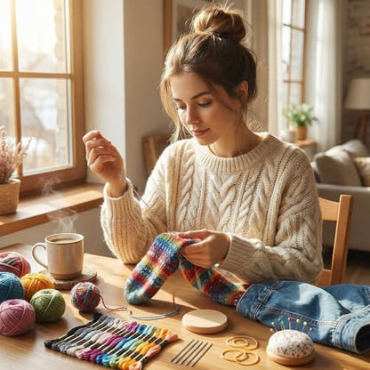Mini Darning Loom Machine with Wood Darning Egg - 14 Hooks Speedweve Style Weaving Kit, 50 Colors Thread & 9 Large Eye Needles - Complete Sock Mending Kit for DIY Craft, Repairing Holes & Jeans - Image 3