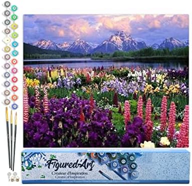 Figured'Art Paint by Numbers for Adults Flowers and Lake Near The Mountain 16"x20" - Craft Art Painting DIY Kit Rolled Canvas Without Frame by FiguredArt