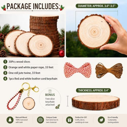 SENMUT Wood Slices 30 Pcs 3.1-3.6inch Natural Rounds Unfinished Wooden Circles Christmas Ornaments for Crafts Wood Kit Predrilled with Hole Wood Coasters, Craft Supplies for DIY and Painting - Image 3
