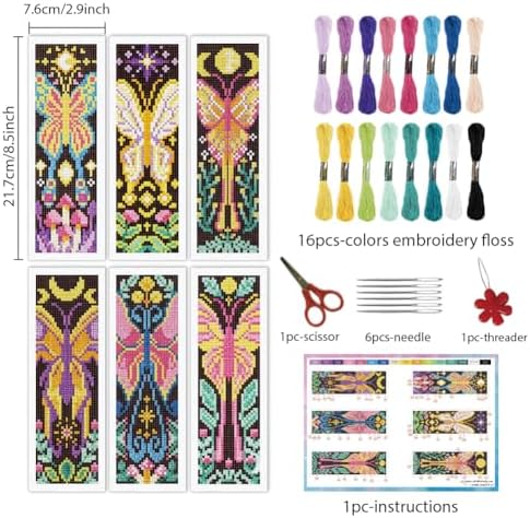 INFUNLY 6Pcs Cross Stitch Bookmark Kit 3x8.5 Inch Butterfly Stamped Embroidery Starter Set for Adults DIY Fabric Needlepoint Bookmark with 16 Colors Floss Scissor Threader Backing Felt for Book Lovers - Image 2