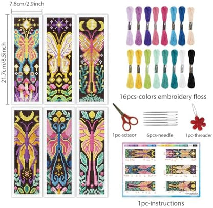 INFUNLY 6Pcs Cross Stitch Bookmark Kit 3x8.5 Inch Butterfly Stamped Embroidery Starter Set for Adults DIY Fabric Needlepoint Bookmark with 16 Colors Floss Scissor Threader Backing Felt for Book Lovers - Image 2
