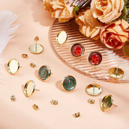 Beebeecraft 1 Box 50Pcs 14mm Stud Earring Kit 18K Gold Plated Stainless Steel Tray Cabochon Earring Settings Bezel Cup Blanks Earring Posts and Back for Jewelry Making Supplies Earring Findings - Image 3