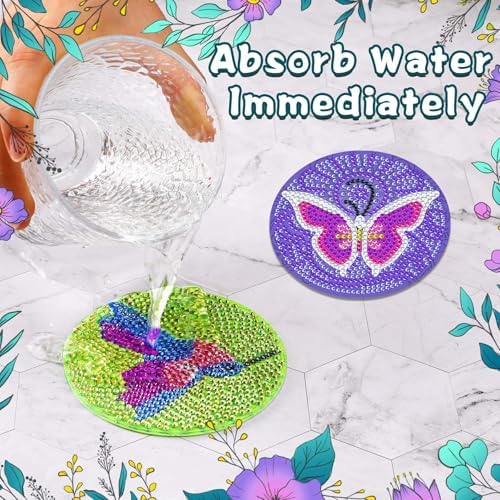 UPINS DIY Kit, Diamond Art Painting Coasters with Holder, 8 Pcs Hummingbird Butterfly Coaster Craft Supplies for Adults Kids Beginners - Image 5