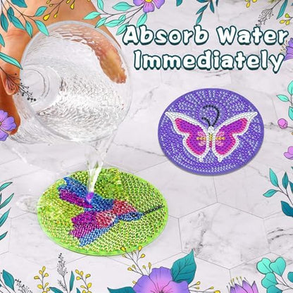 UPINS DIY Kit, Diamond Art Painting Coasters with Holder, 8 Pcs Hummingbird Butterfly Coaster Craft Supplies for Adults Kids Beginners - Image 5