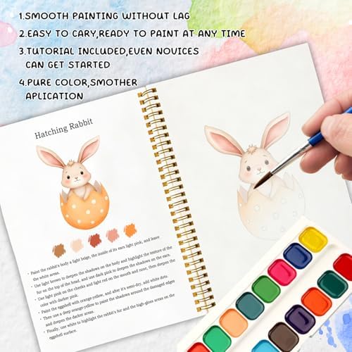 Easter Bunny and Egg Watercolor Workbook, Water Coloring Book, 12 Patterns, Spring Easter Watercolor Kit for Beginners, Relaxing DIY Gift for Adults, Women and Family - Image 4