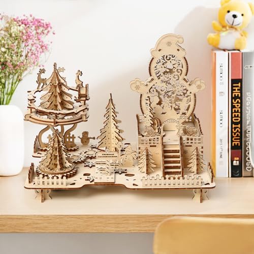 3D Wooden Puzzles for Adults, Rotating Xmas Amusement Park Music Box Kit - Image 6