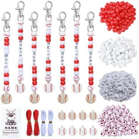 Tuhangcc 500 Pcs Baseball DIY Keychain Making Kit, Adjustable Letter Alphabet Beads Strings,8 Charm 16 Cards with Lobster Clasps & Strings for Sport Theme Party Favor Gift (Baseball) by Tuhangcc