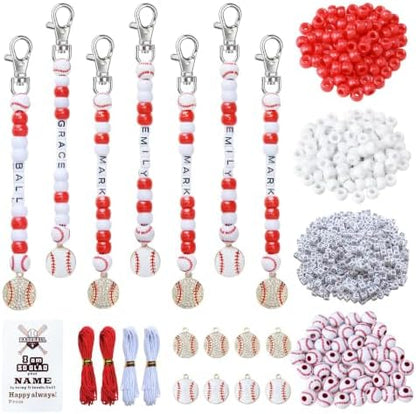 Tuhangcc 500 Pcs Baseball DIY Keychain Making Kit, Adjustable Letter Alphabet Beads Strings,8 Charm 16 Cards with Lobster Clasps & Strings for Sport Theme Party Favor Gift (Baseball) by Tuhangcc