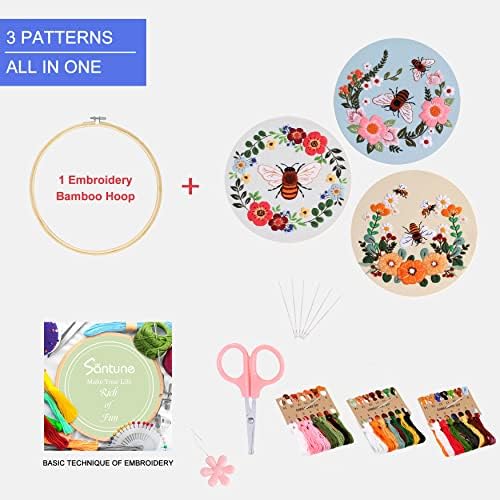 Santune 3 Pack Bee Embroidery Kit for Beginners Adult Cross Stitch Kits Hand Embroidery with Animal Patterns and Instructions,DIY Sets for Women with Hoop,Threads and Needles - Image 3