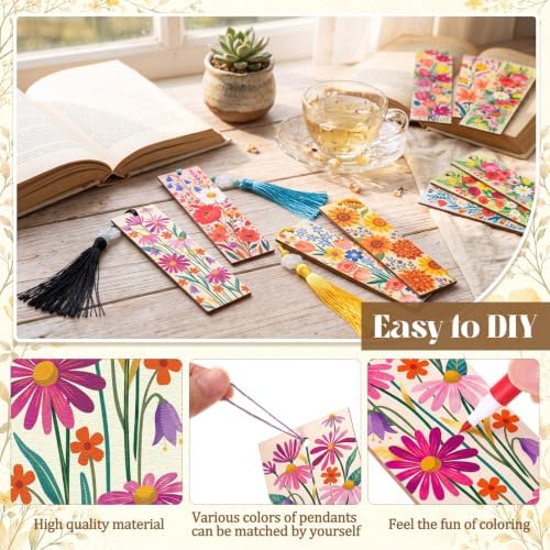 Reallnaive 42 Pcs Wooden Flower Bookmarks DIY Painting Set Includes 15 Unfinished Blank Bookmarks 15 Tassels 12 Markers for Flower Gift Arts Craft Party for Adults Hobby - Image 3