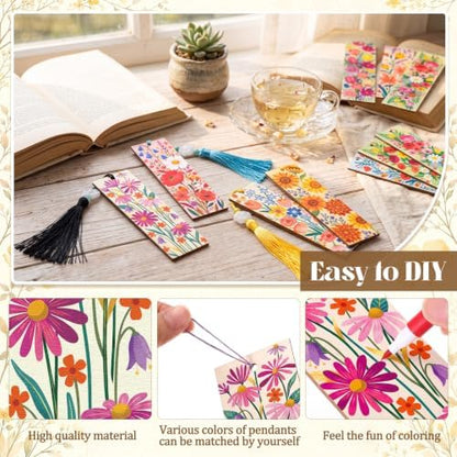 Reallnaive 42 Pcs Wooden Flower Bookmarks DIY Painting Set Includes 15 Unfinished Blank Bookmarks 15 Tassels 12 Markers for Flower Gift Arts Craft Party for Adults Hobby - Image 3