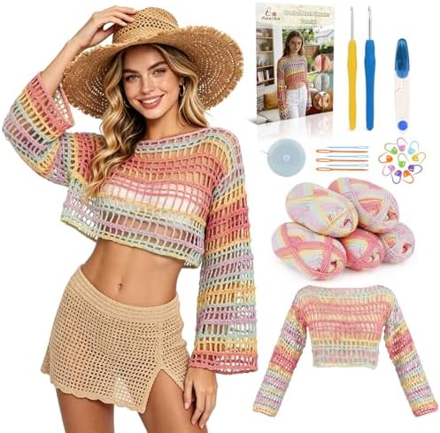 Aeelike Crochet Kit for Adults,Women Crochet Coverup,Ombre Pink Cotton Yarn by Aeelikescrochetworld