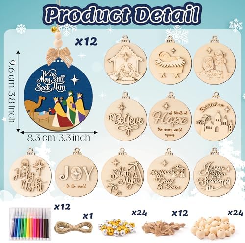 WATINC DIY 3D Christmas Ornaments Kit to Paint - 12 Styles Unfinished Wooden Hanging Decor with Raised Designs, Includes Paint Pens, Bells, Bows & Beads, Xmas Tree Crafts for Kids & Adults(Nativity) - Image 2