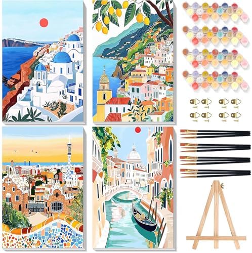 4 Pcs Cityscape Paint by Numbers for Adult with Frame Canvas - Wooden Easel by xackcme