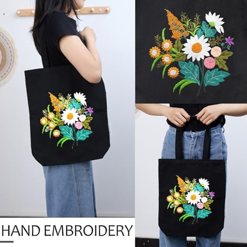 CREAWONDER Canvas Tote Bag Embroidery Kit with Pattern for Beginners, Arts and DIY Embroidery Crafts Kits for Adults, Include Instructions, Thimble, Embroidery Hoops, Color Threads and Tool - Image 2