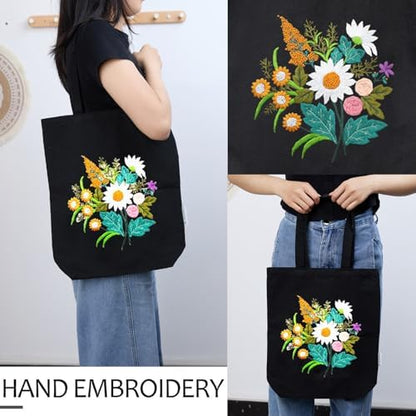 CREAWONDER Canvas Tote Bag Embroidery Kit with Pattern for Beginners, Arts and DIY Embroidery Crafts Kits for Adults, Include Instructions, Thimble, Embroidery Hoops, Color Threads and Tool - Image 2