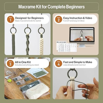 Macrame Kits for Beginners, 3 Set of Plant Hangers DIY Kit: Braided Polyester Ropes 50yds*5mm Ivory, 20yds*2mm Forest Green, 60+Pcs Supplies with Step-by-Step Easy Instructions (IVGR) - Image 4