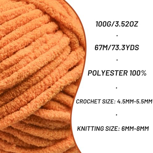 2 Pack Chunky Chenille Yarn for Crocheting, Baby Yarn for Crocheting Soft Blankets, Bulky Yarns for Crochet Amigurumi, 200g (148.7yds) Fluffy Velvet Yarns for Hand Knitting (2 Ginger Color) - Image 2