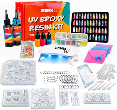 ESAM Group UV Resin Jewelry Making Kit for Kids, Teens & Beginners – Complete Starter Set with UV Lamp, 6 Silicone Molds, 48 Glitter, 3 Pigments, Jewelry Findings, Dried Flowers & Tools (Deluxe kit) by Unknown