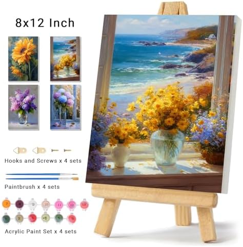 obterie 4 Pack Framed Paint by Numbers Kit for Adults Beginner Canvas Painting by Numbers for Adults Flowers Easy Adult Paint by Number Kits with Frame Floral Watercolor Painting by Number 8x12 Inch - Image 2