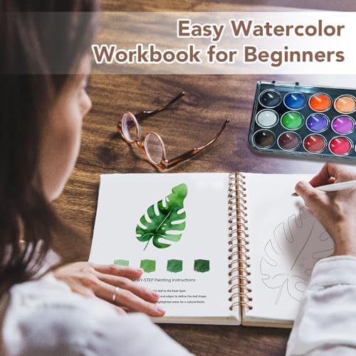 Easy Watercolor Workbook for Beginners - 12 Beautiful Step-by-Step Paintings Water Coloring Book, Includes 18 Colors Paints, Relaxing Art Projects and Creative Gift for Adults & Teen (Leaves) - Image 2