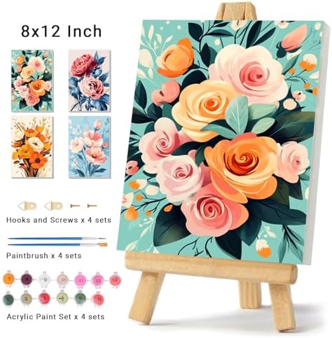 obterie 4 Pack Framed Paint by Numbers Kit for Adults Beginner Canvas Painting by Numbers for Adults Flowers Easy Adult Paint by Number Kits with Frame Flower Watercolor Painting by Number 8x12 Inch - Image 2