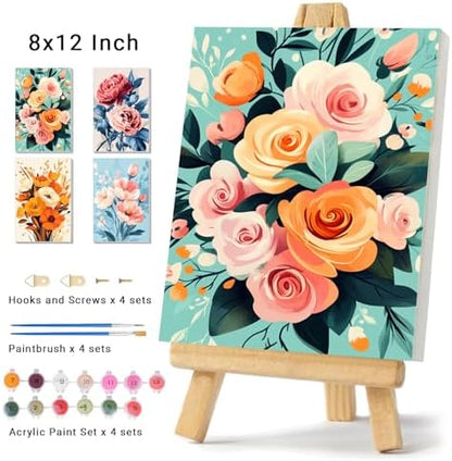 obterie 4 Pack Framed Paint by Numbers Kit for Adults Beginner Canvas Painting by Numbers for Adults Flowers Easy Adult Paint by Number Kits with Frame Flower Watercolor Painting by Number 8x12 Inch - Image 2